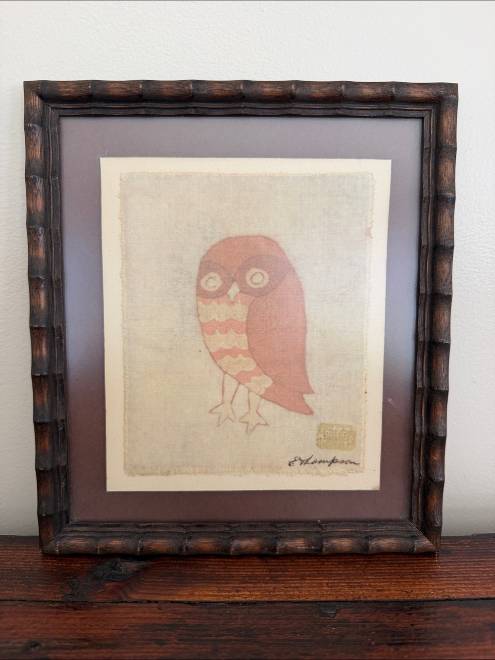 Framed Signed Owl Art Piece in Muted Coral and Cream.